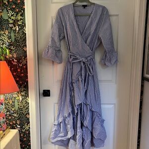 Who What Wear Blue and White Striped Wrap Ruffle Dress